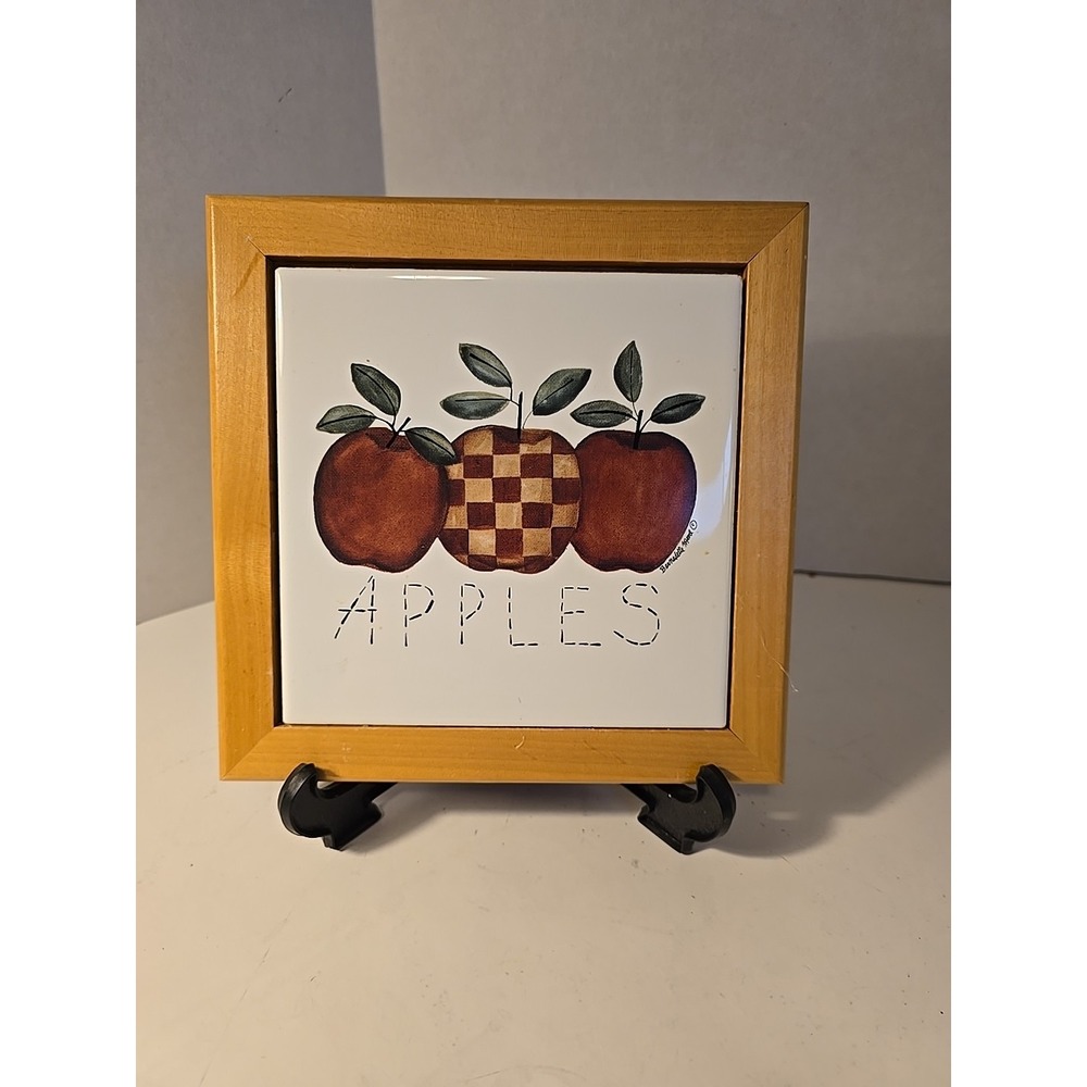 Vintage Apples Wood Trimmed Ceramic Trivet Kitchen Decor Country Hotpad Checker